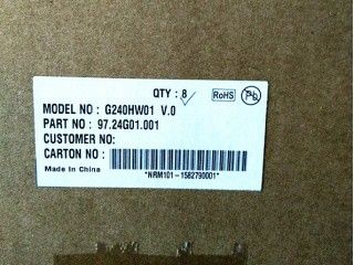 RGB 24 Inch 300cd/m2 91PPI TFT LCD Panel G240HW01 V0 89/89/89/89 (Typ.)